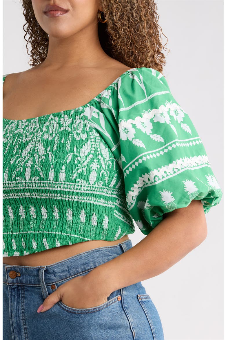 Bubble Sleeve Smocked Crop Top, Alternate, color, GREEN-WHTE