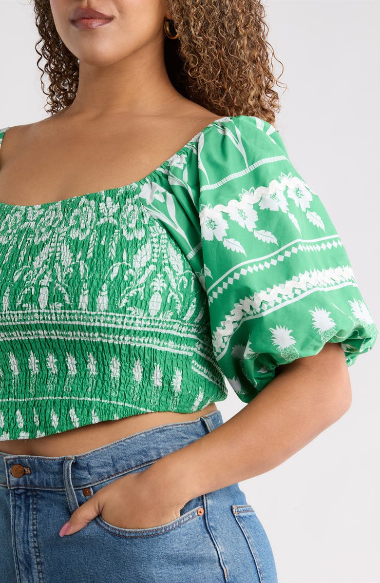 SUGARLIPS Bubble Sleeve Smocked Crop Top, Alternate, color, Green-Whte
