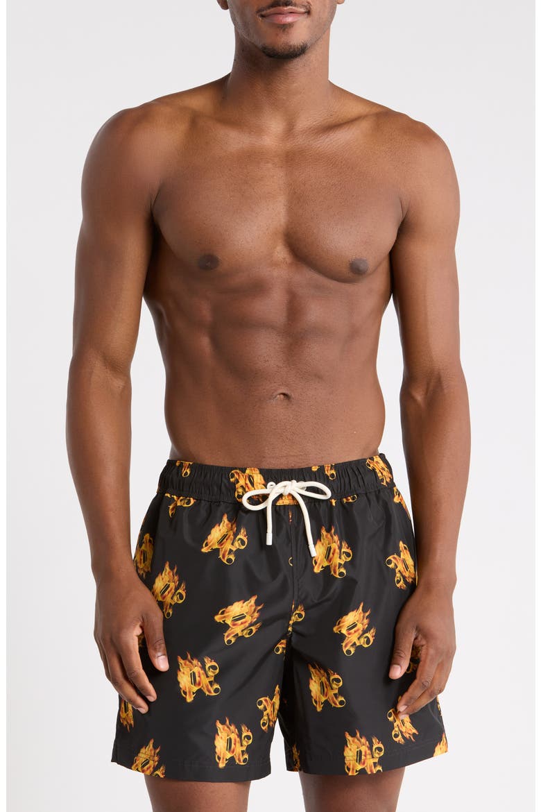 Fire Logo Print Swim Shorts, Main, color, BLACK GOLD