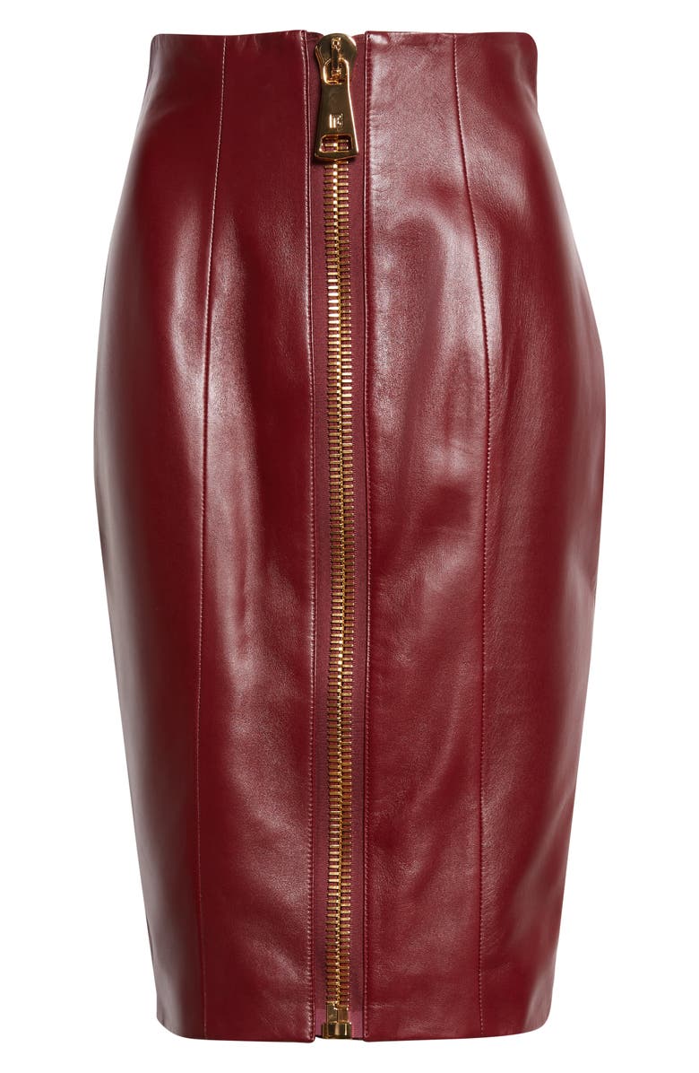 Balmain Zipped High Waist Lambskin Leather Pencil Skirt, Alternate, color, Burgundy