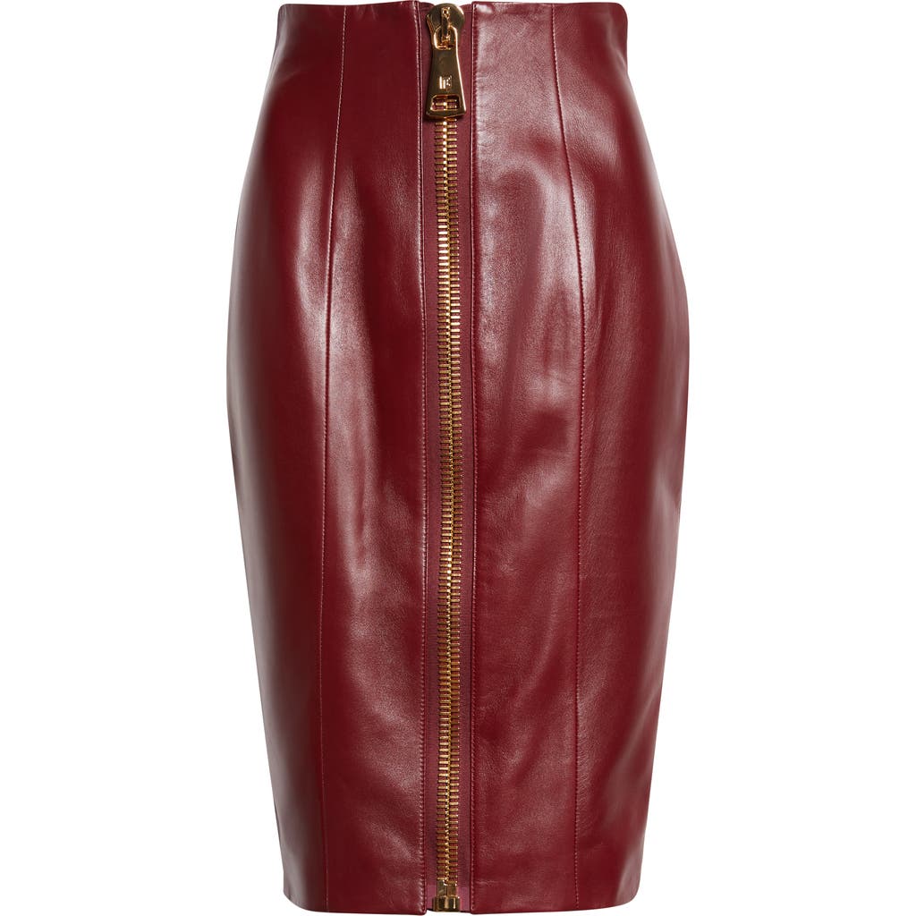 Balmain Zipped High Waist Lambskin Leather Pencil Skirt In Burgundy