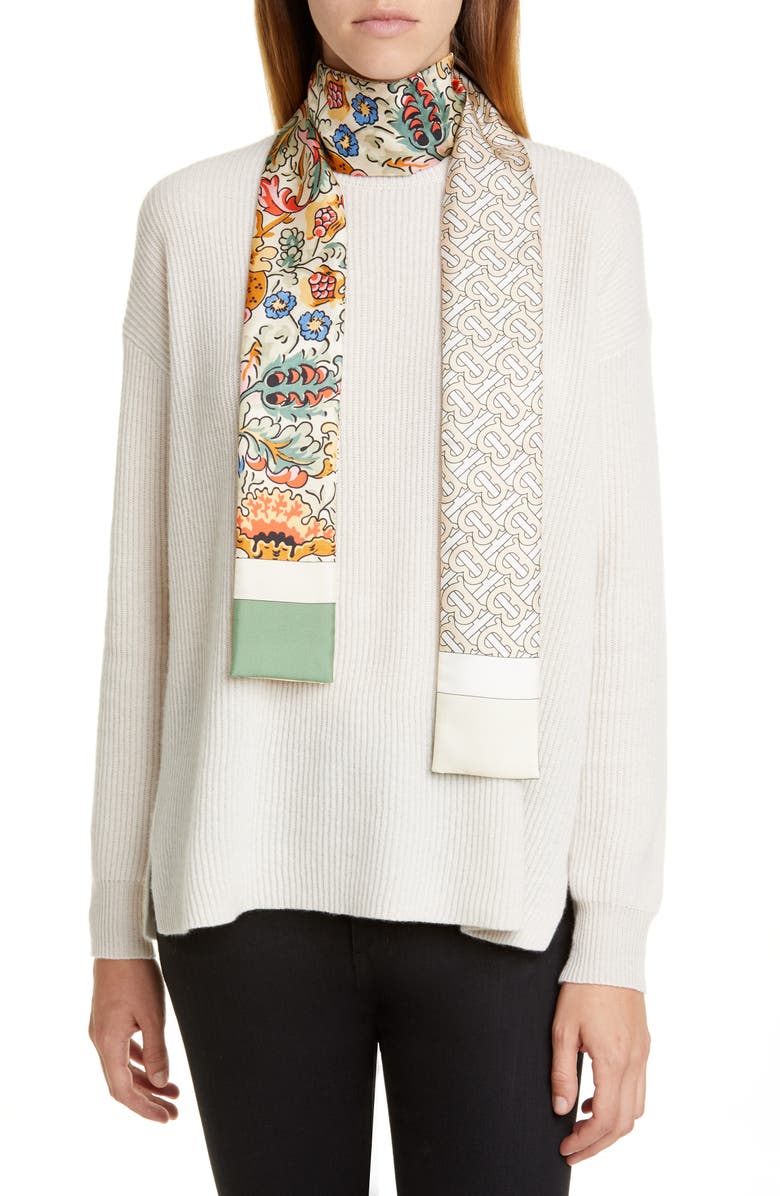Burberry Floral & TB Monogram Print Skinny Silk Scarf, Alternate, color, 