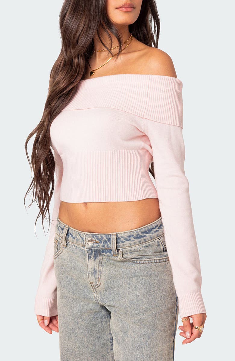 EDIKTED Minnie Foldover Knit Crop Top, Alternate, color, Light-Pink