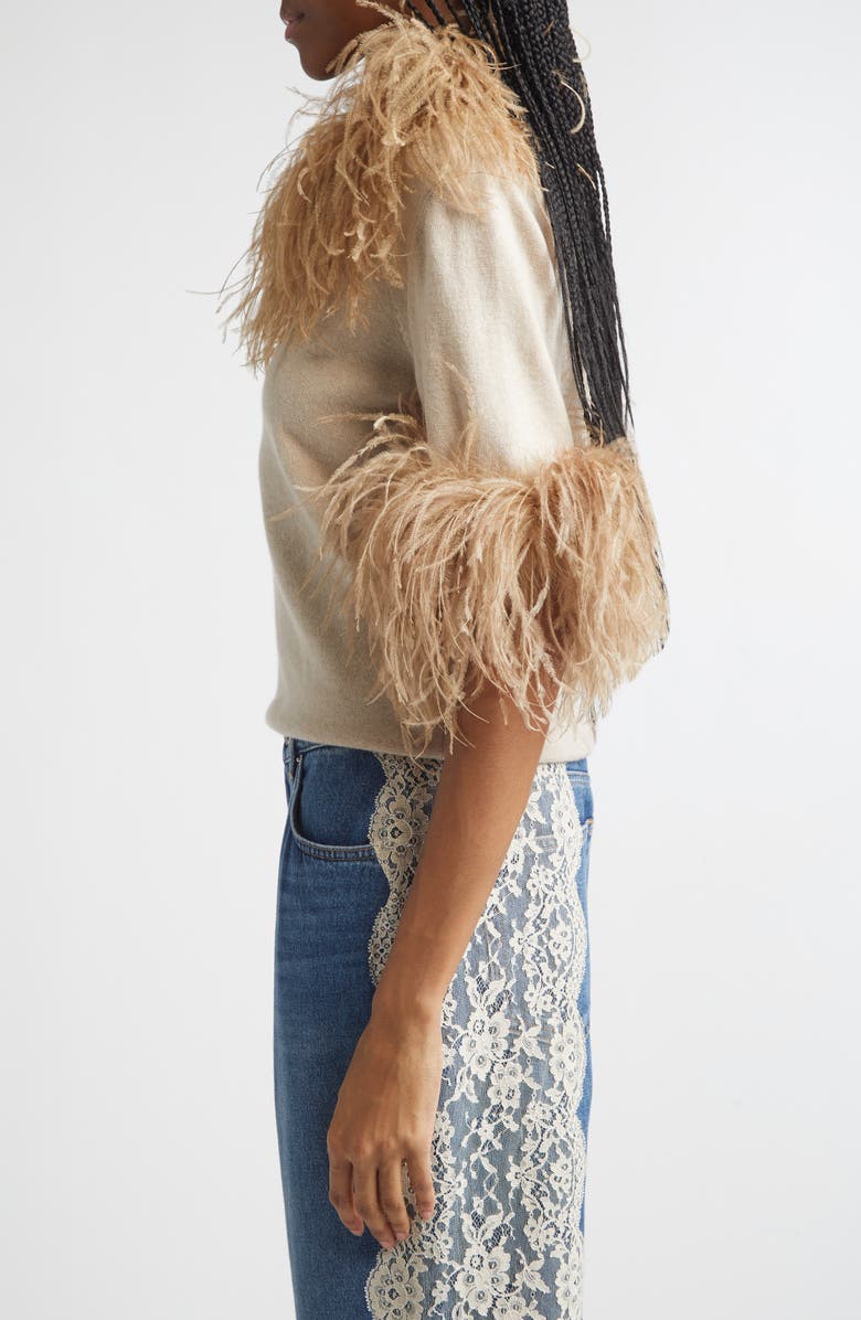 Dolce&Gabbana Feather Trim Short Sleeve Cashmere Sweater, Alternate, color, Beige