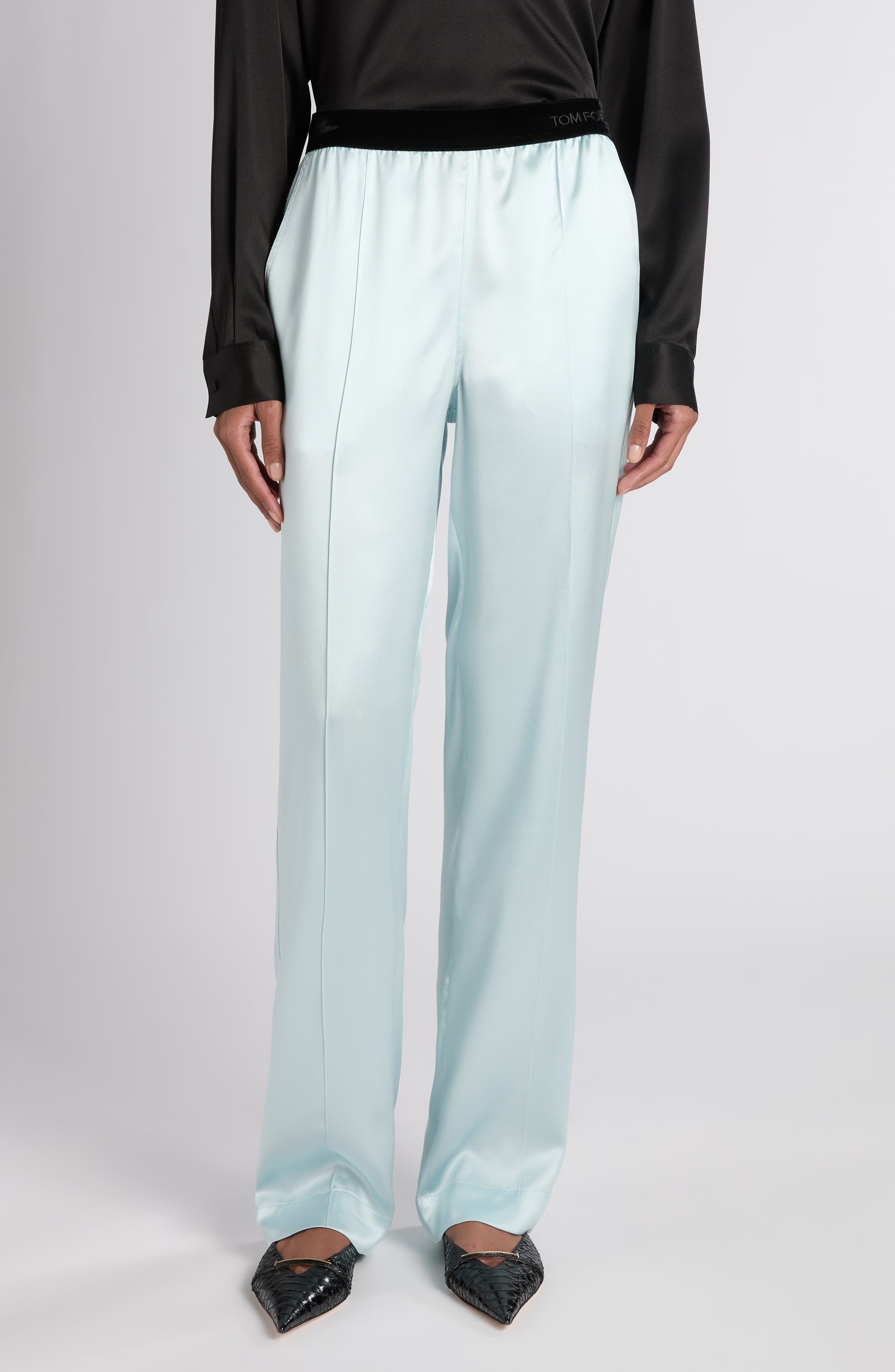 Tom Ford Silk Satin Relaxed Pijama Trousers Waistband In Blue