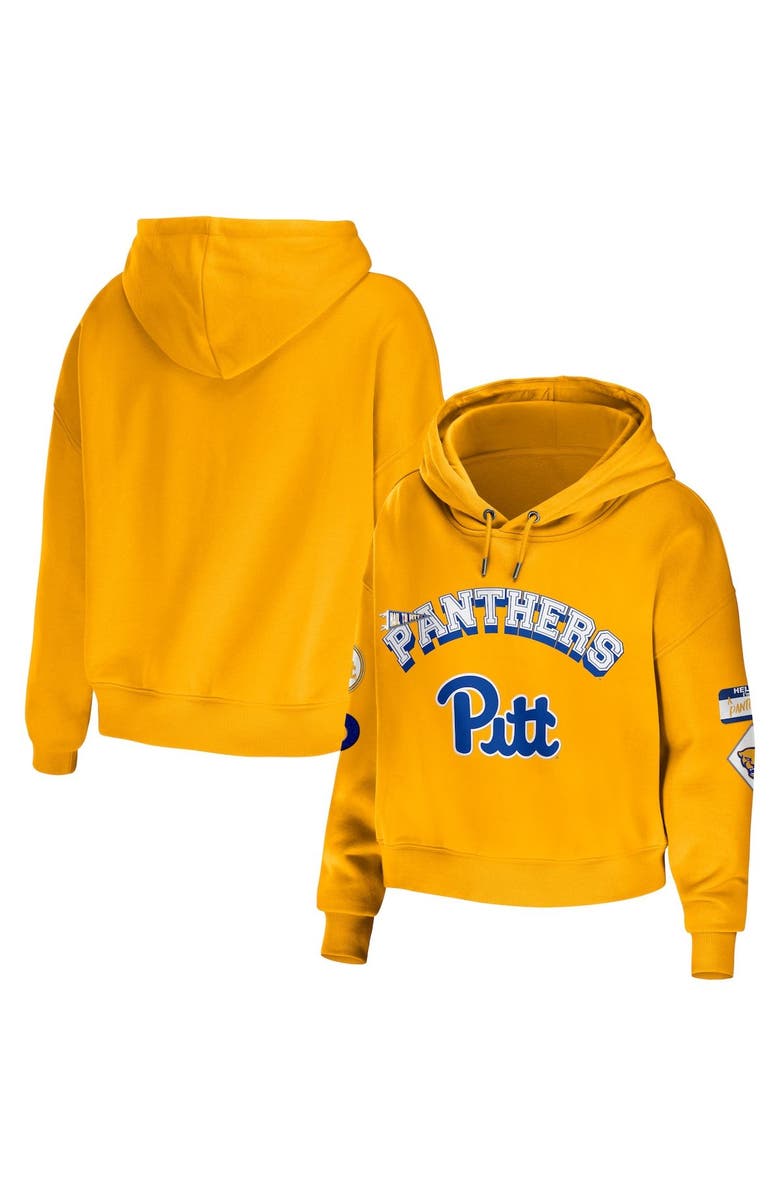 WEAR by Erin Andrews Women's WEAR by Erin Andrews Gold Pitt Panthers Mixed Media Cropped Pullover Hoodie, Main, color, Gold