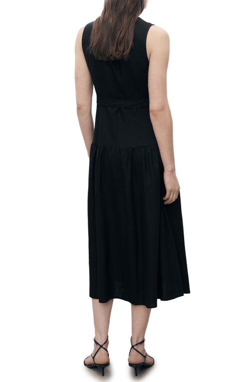 Mango Linen Look Tie Waist Button Up Midi Dress