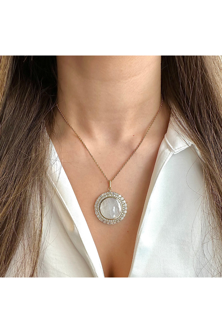 Mother-of-Pearl & Lab Diamond Emerald and Round Pendant Necklace in 14K, Alternate, color, Yellow Gold