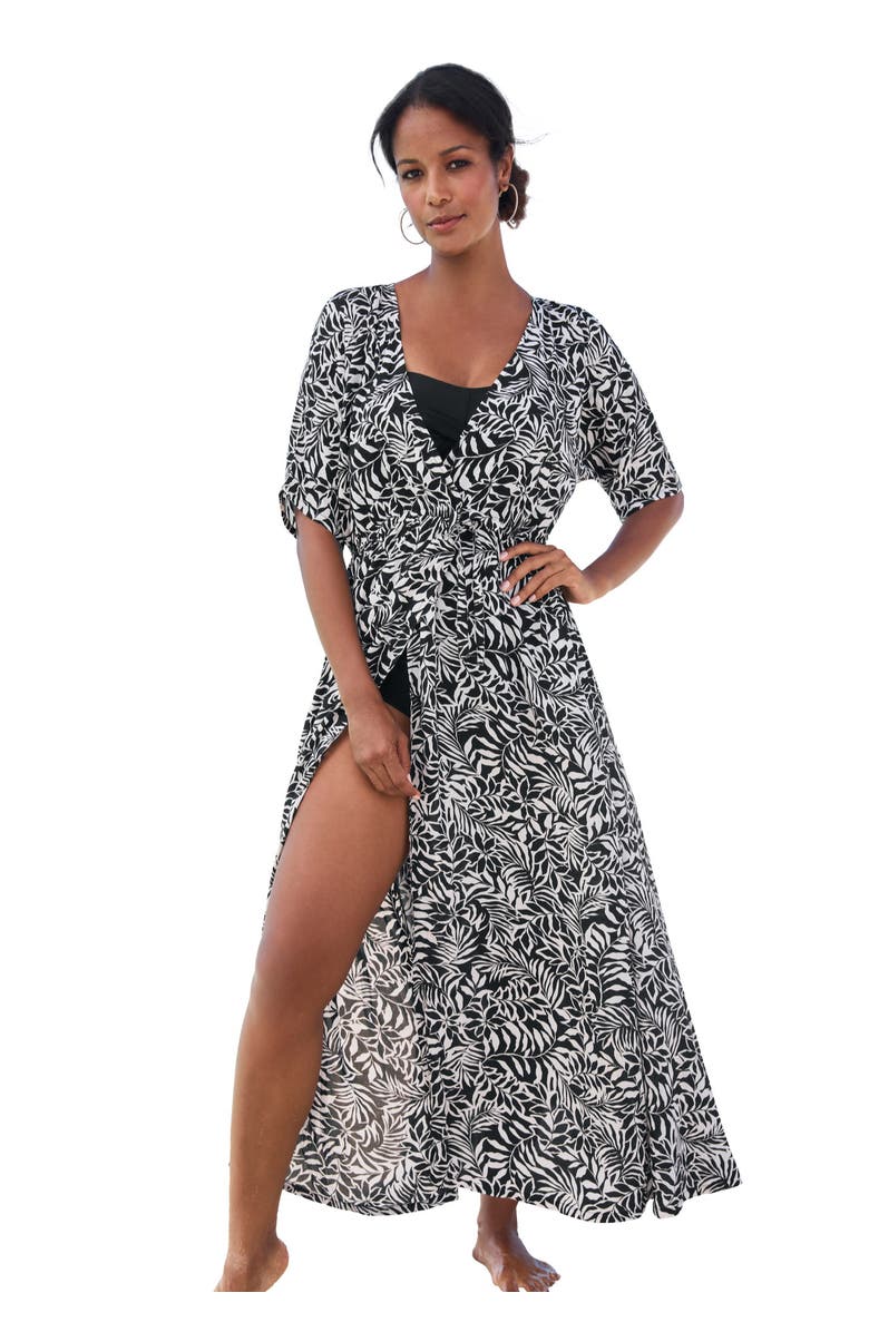 Swim 365 Faux-Wrap Swim Cover Up, Main, color, Black White Palms