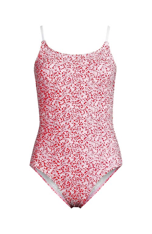 Lands' End Chlorine Resistant Scoop Neck High Leg Tugless Tank Thin Strap One Piece Swimsuit Adjusta In Coral Rose/white Ditsy Lilies