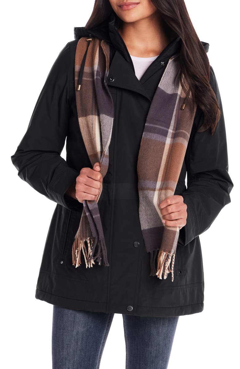 Gallery Water Resistant Insulated Stadium Coat with Removable Hood, Main, color, Black