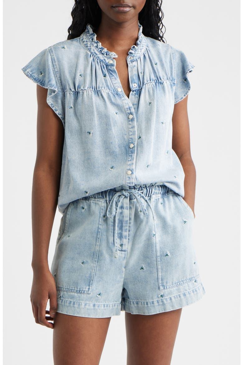 Ruthie Floral Embroidered Ruffle Cap Sleeve Button-Up Top, Main, color, IVORY CARNATIONS