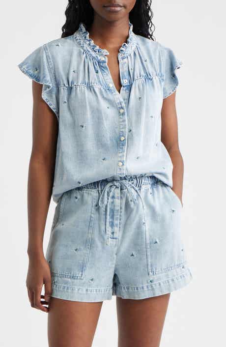 Ruthie Floral Embroidered Ruffle Cap Sleeve Button-Up Top