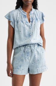 Rails Ruthie Floral Embroidered Ruffle Cap Sleeve Button-Up Top