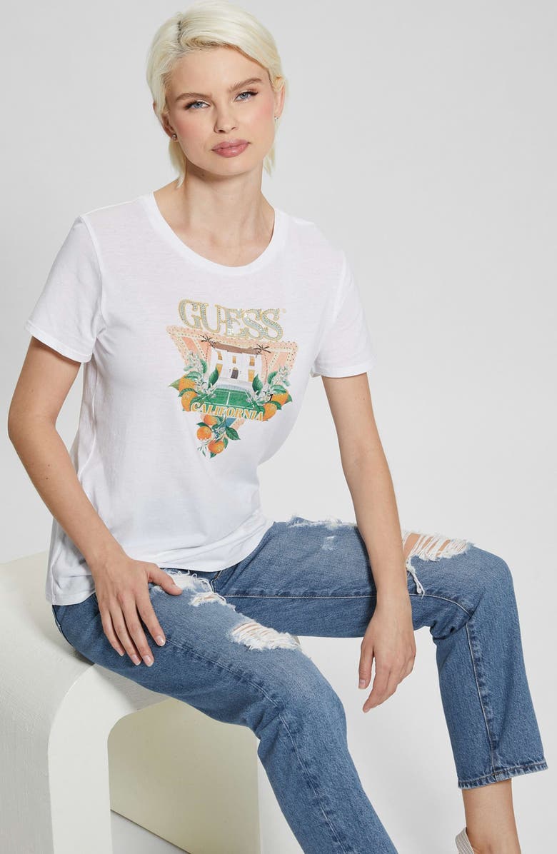 GUESS Mansion Rhinestone Embellished Logo Graphic T-Shirt, Alternate, color, 