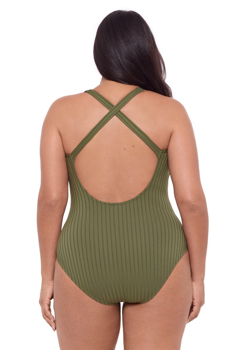Smoothing and Sculpting Ribbed Scoopneck Crossback One-Piece Swimsuit, Alternate, color, Eucalyptus