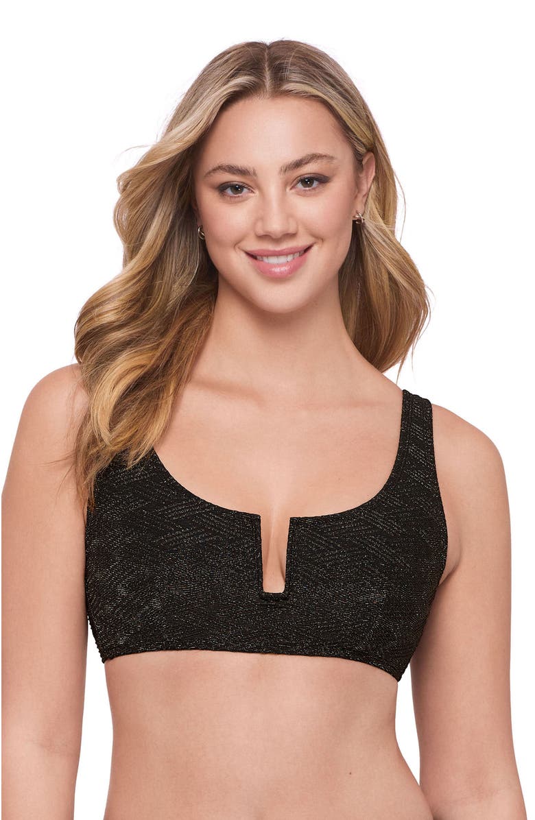 S3 Apparel Supportive and Sculpting Basket Weave Scoop Back Cutout U-Wire Bikini Swimsuit Top, Main, color, Onyx Black Basket Weave