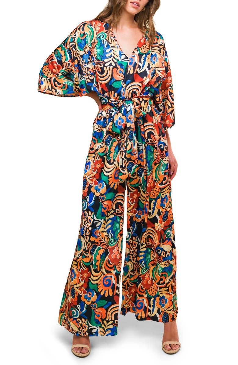 FLYING TOMATO Print Wide Leg Jumpsuit, Main, color, Black