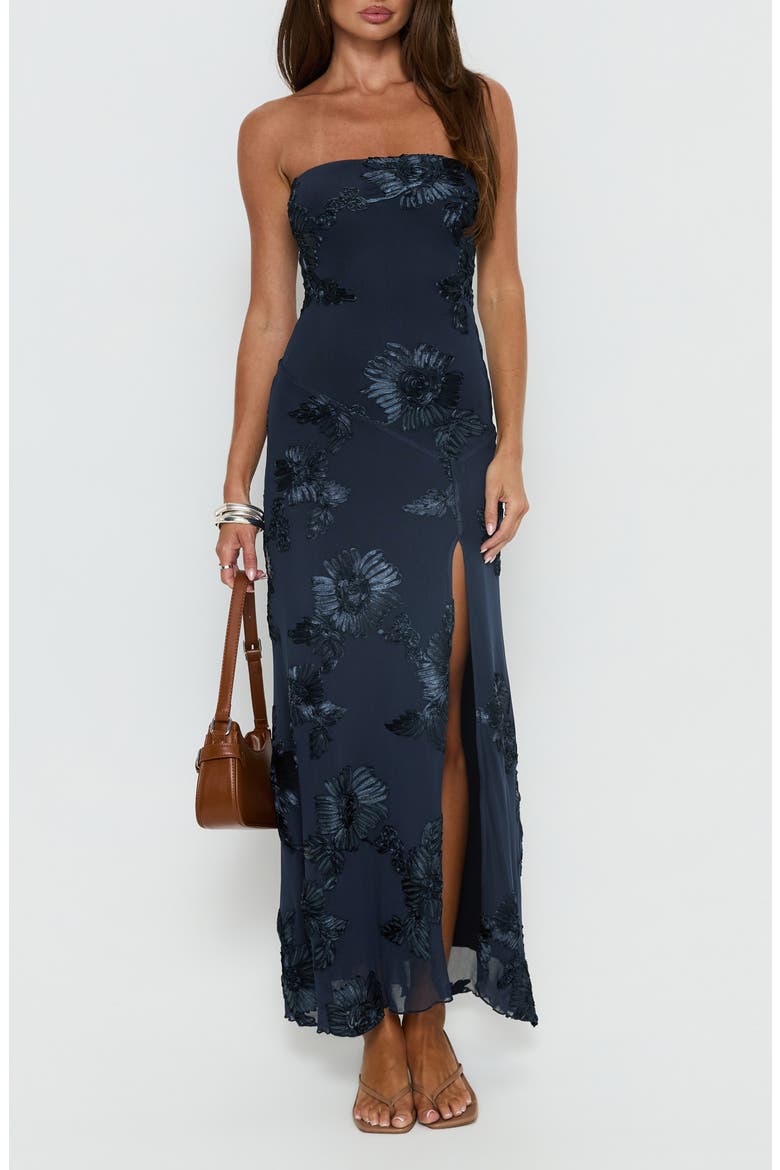 Maribeth Floral Appliqué Strapless Maxi Gown, Main, color, NAVY