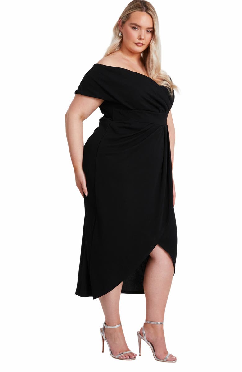 QUIZ Plus Size Scuba Crepe Bardot Wrap Midi Dress, Alternate, color, 