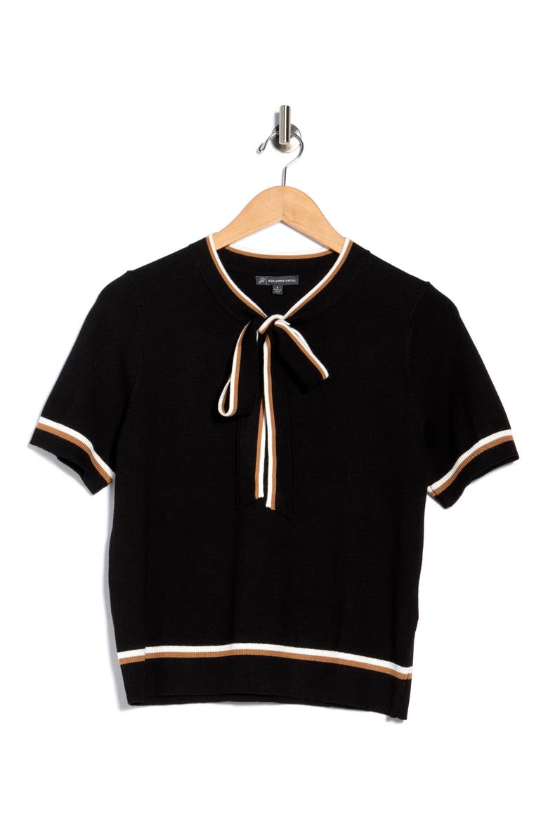 Double Tipped Tie Neck Sweater, Alternate, color, BLACK/ IVORY/ CAMEL