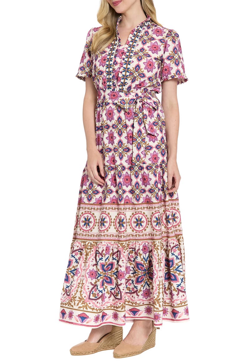 Floral Short Sleeve Tie Waist Tiered Maxi Dress, Alternate, color, CREAM/ ROSE WINE