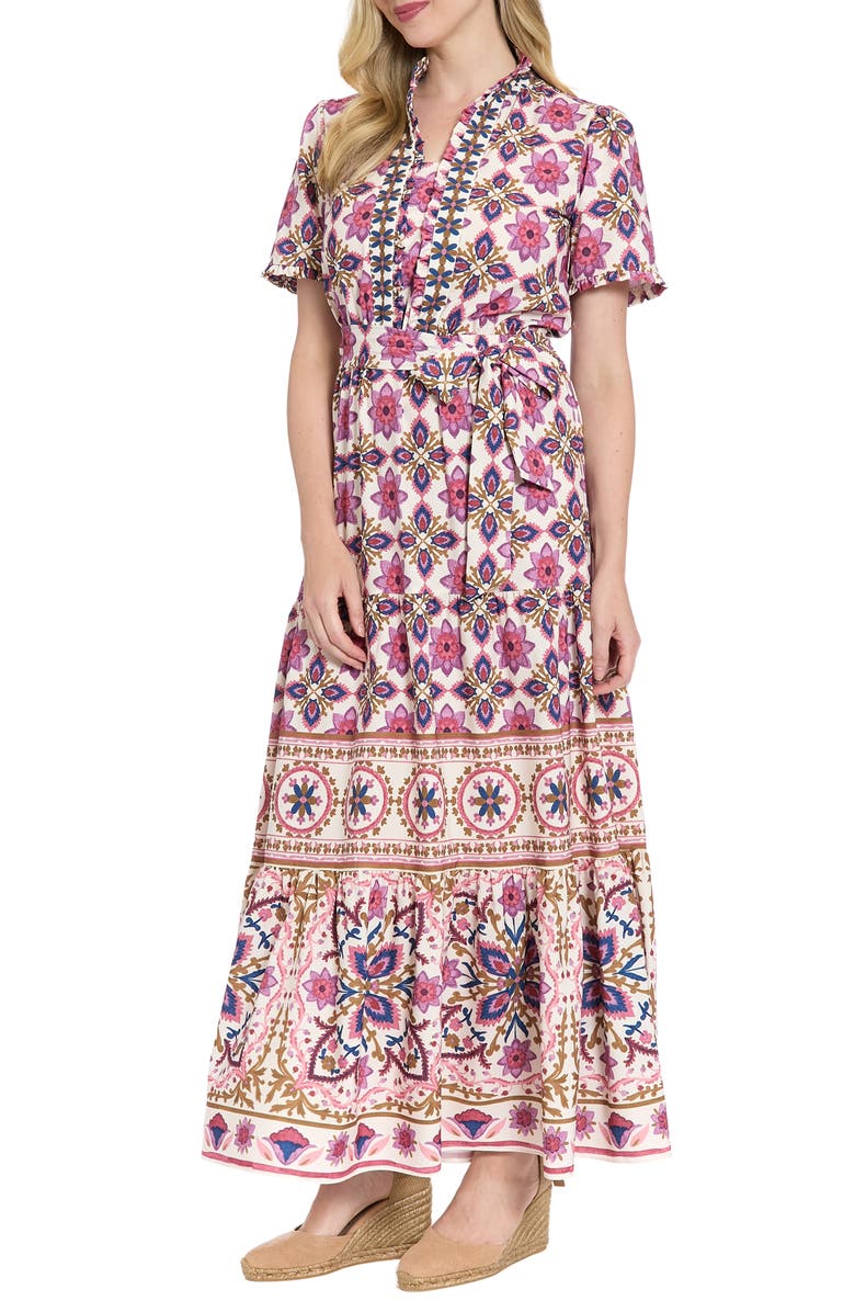London Times Floral Short Sleeve Tie Waist Tiered Maxi Dress, Alternate, color, Cream/ Rose Wine