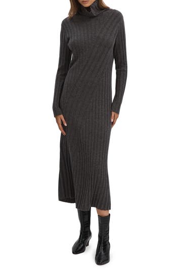 Reiss Cady Long Sleeve Mixed Rib Midi Sweater Dress In Charcoal