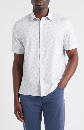 Bugatchi Milo Ooohcotton® Palm Leaf Print Short Sleeve Button-up Shirt In Primerose