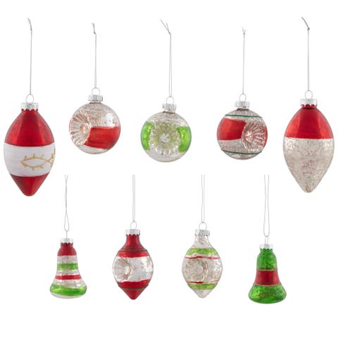 Retro Reflector 2-Finish Christmas Glass Ornaments - 3.25" - Green and Red - 9ct