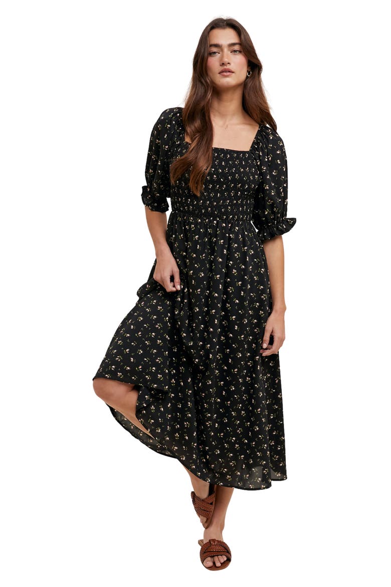 Floral Print Puff Sleeve Midi Dress, Alternate, color, BLACK/ MAUVE