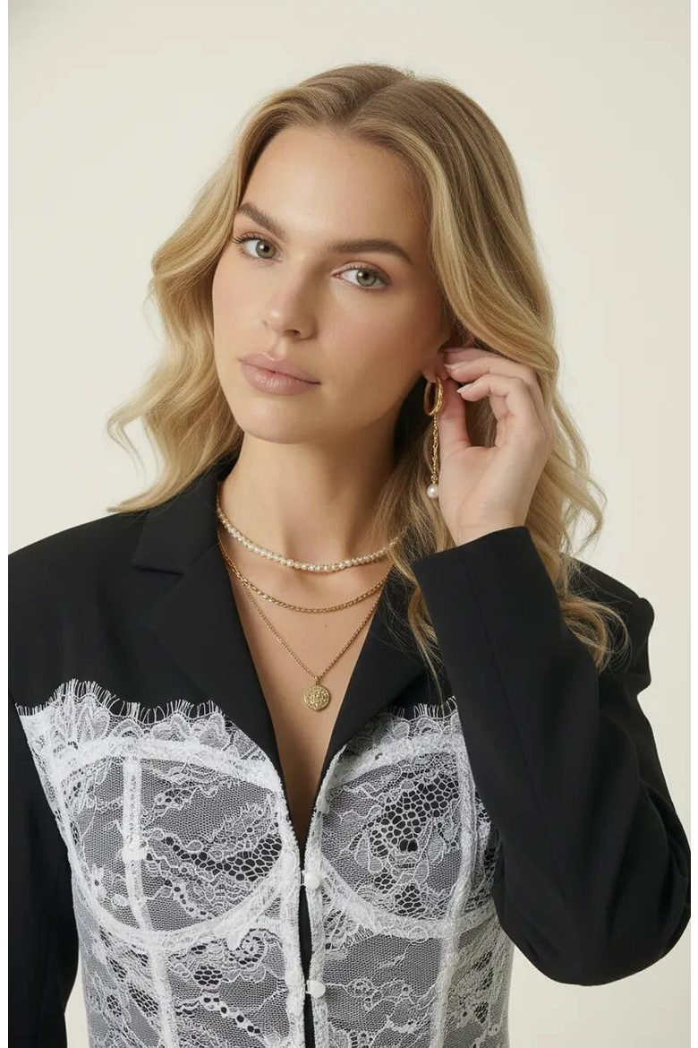 Lace Corset Detail Blazer, Alternate, color, Black / White
