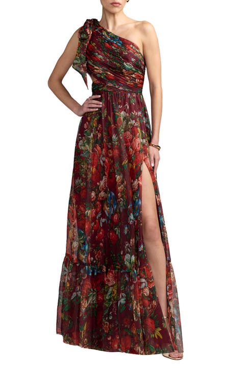 Floral One-Shoulder Cutout Chiffon Evening Gown