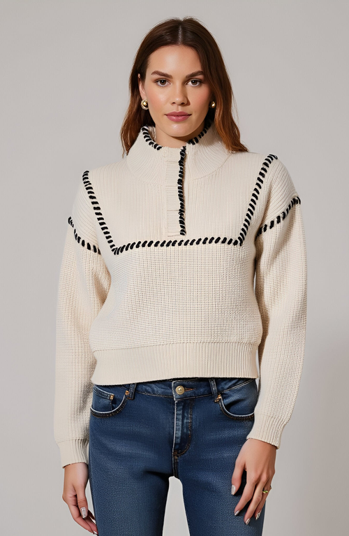 Modenaire Cropped Sweater With Whipstitch Detail In White