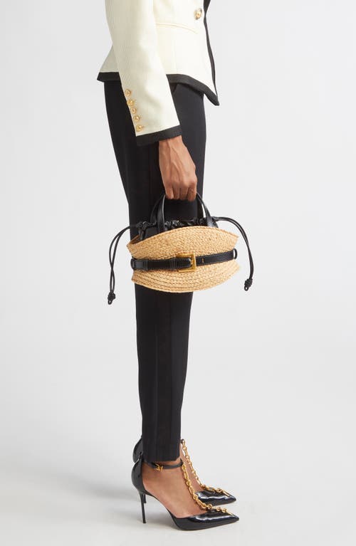 Balmain Shuffle Mini Top-handle Bag In Raffia And Calfskin In Black