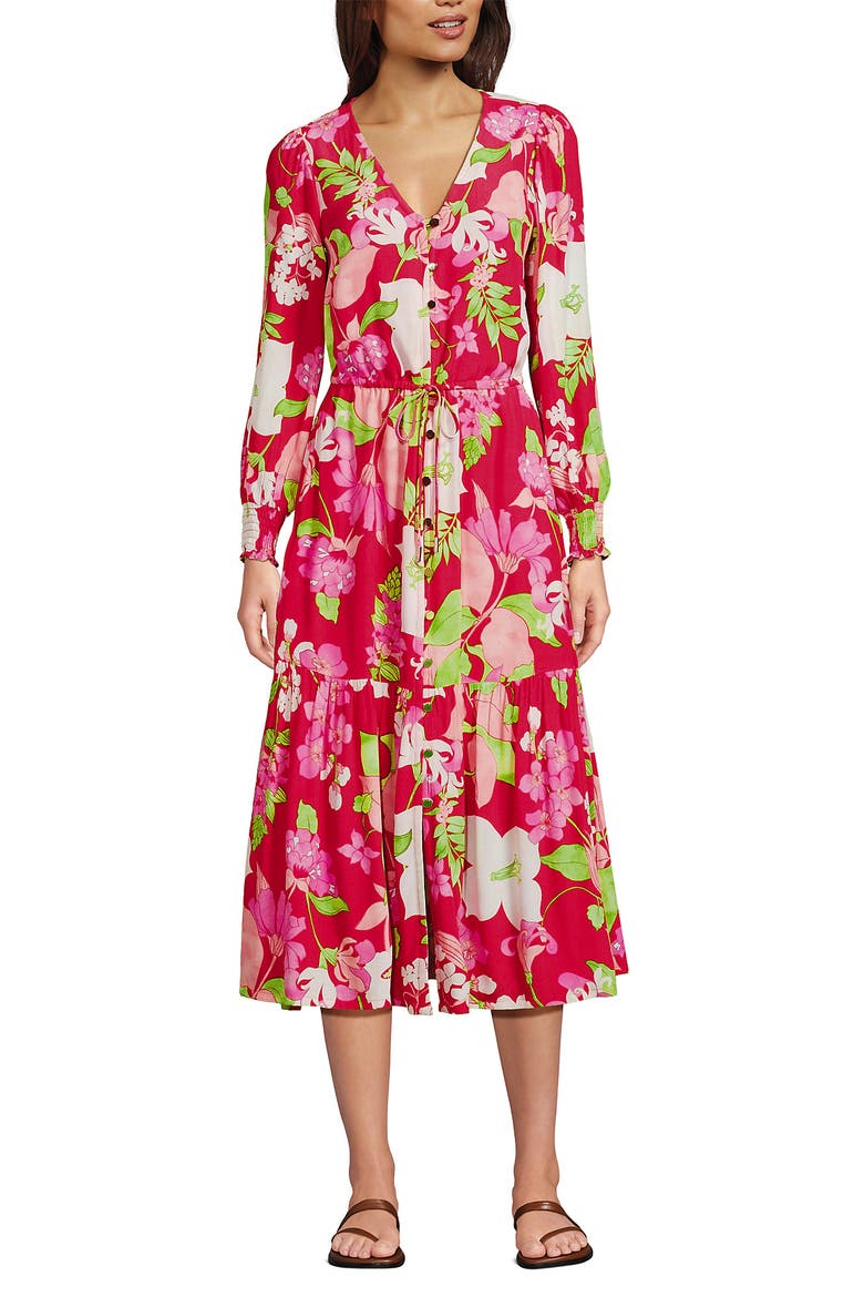 Crepe Button Front Long Sleeve Midi Dress, Alternate, color, Berry Rouge Lilies