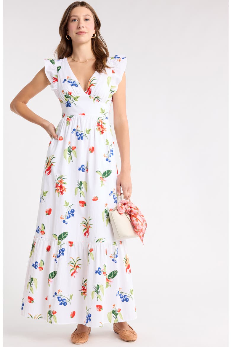V-Neck Ruffle Maxi Dress, Alternate, color, WHITE LOBSTER PRINT