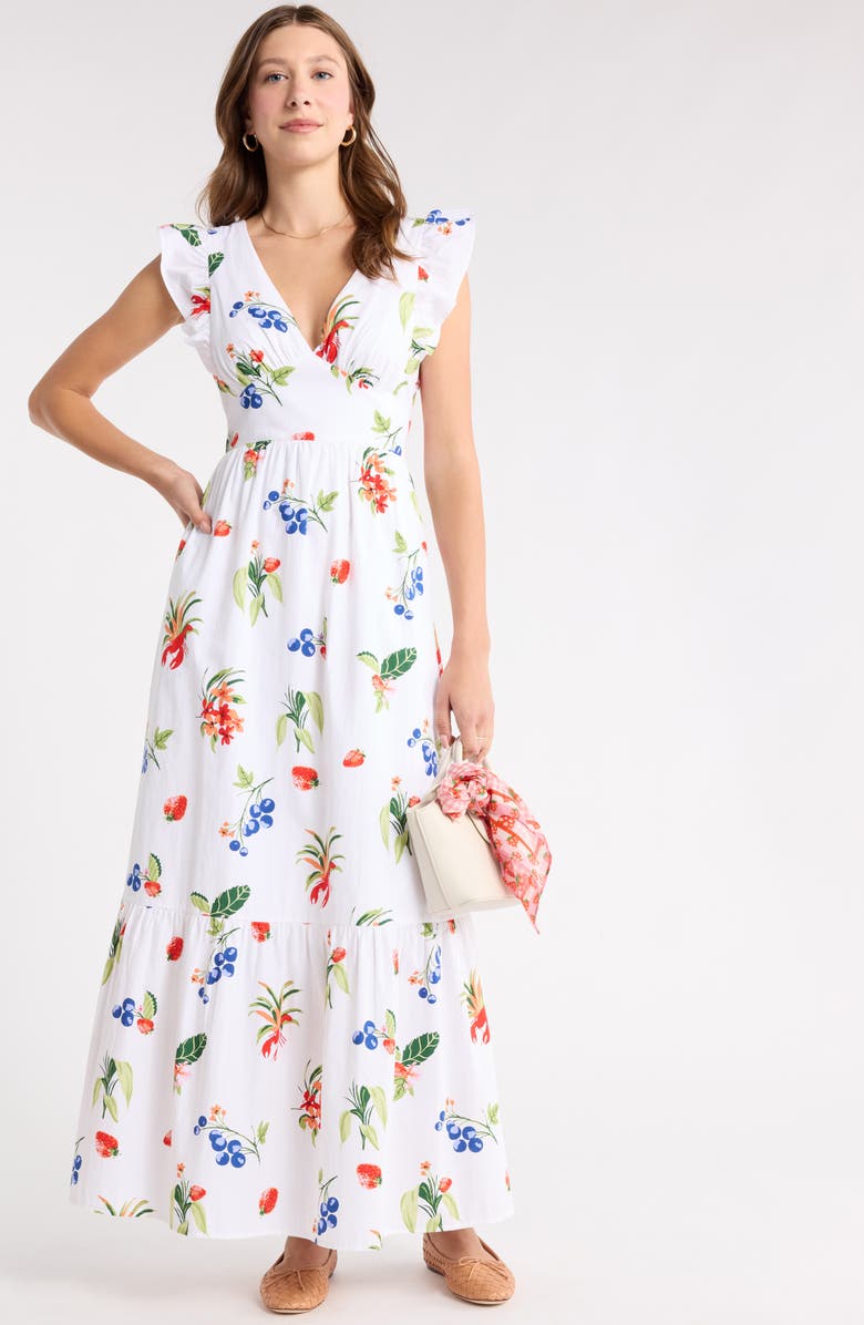 1901 V-Neck Ruffle Maxi Dress, Alternate, color, White Lobster Print