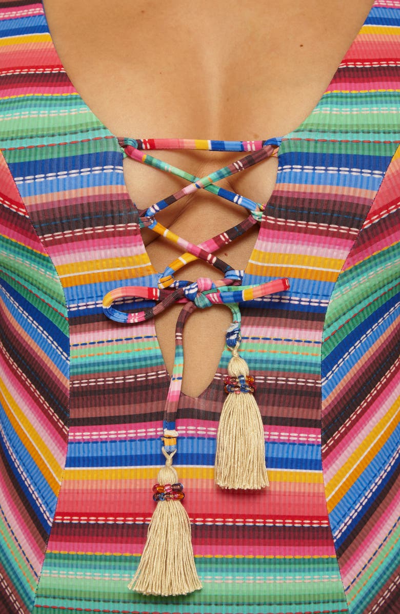 Becca Vallarta Stripe Tassel Seersucker One-Piece Swimsuit, Alternate, color, Pink Multi