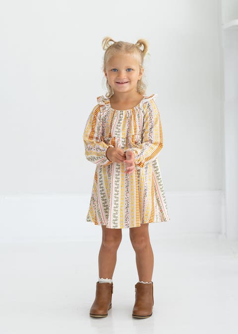 Buttercup Blossom Long Sleeve Print Ruffle Tie Shoulder A Line Dress