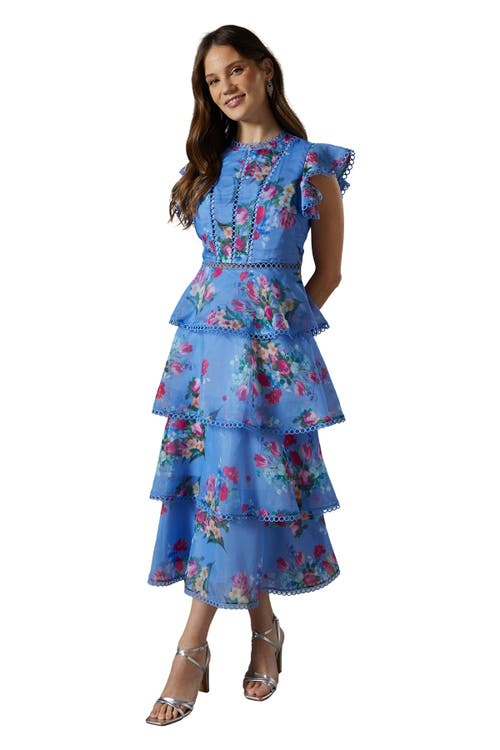 Coast Lace Trim Tiered Organza Midi Dress In Blue