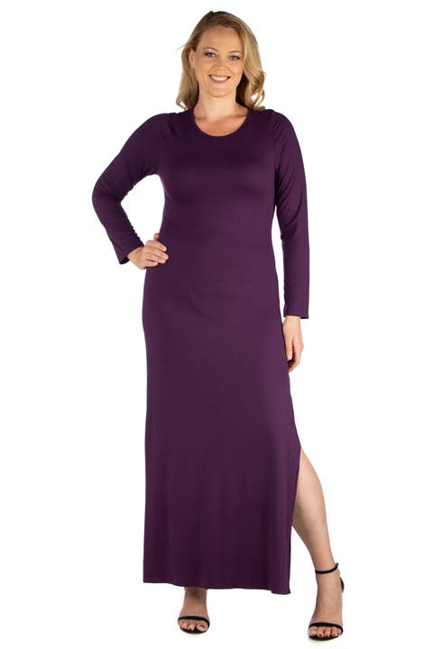 Plus Size Long Sleeve Side Slit Fitted Black  Maxi Dress