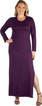 24seven Comfort Apparel Plus Size Long Sleeve Side Slit Fitted Black Maxi Dress