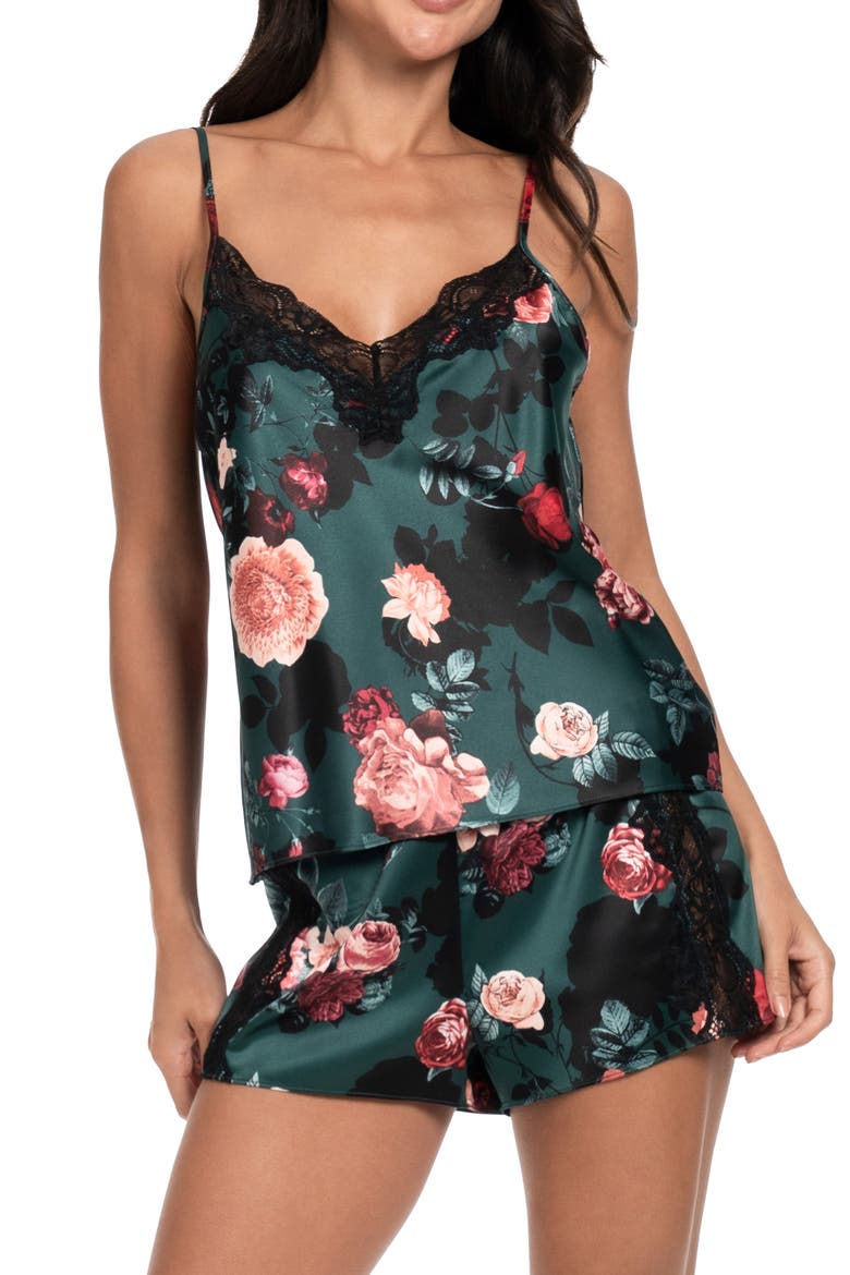 Lace Trim Satin Short Pajamas, Main, color, FOREST GREEN