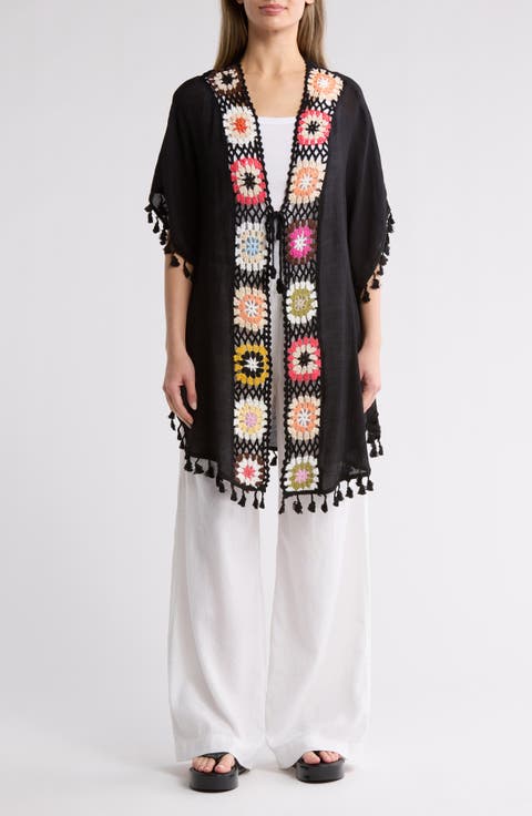 Crocheted Square Tie Waist Ruana