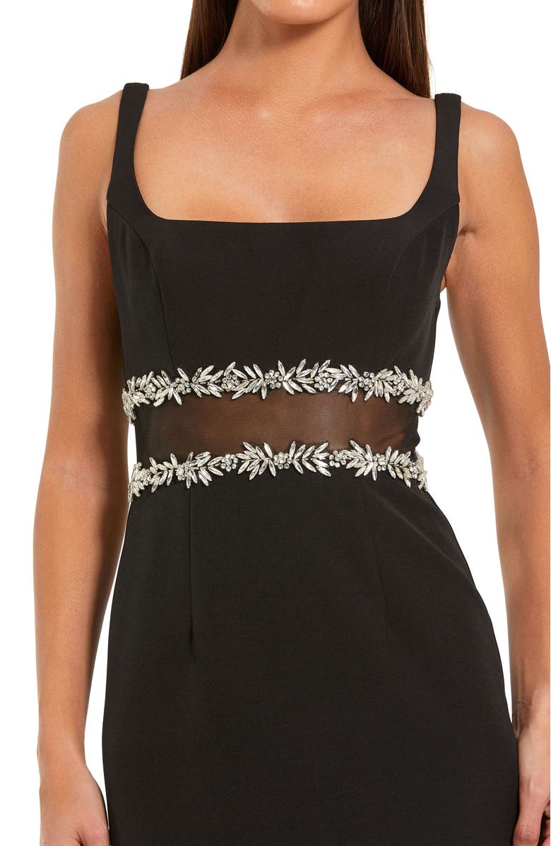 Mac Duggal Petite Crepe Midi Dress with Jewel Detail & Ruffle Hem, Alternate, color, Black