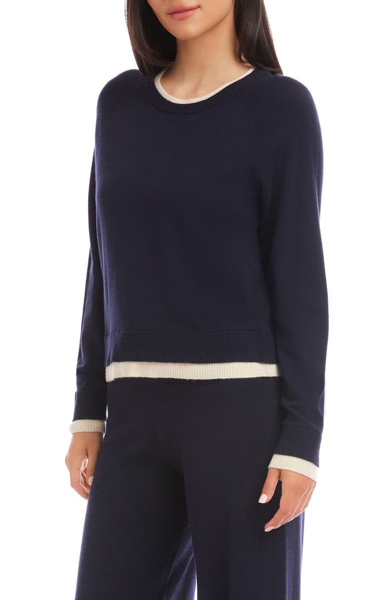 Karen Kane Contrast Trim Crewneck Sweater, Main, color, Navy W/ Cream