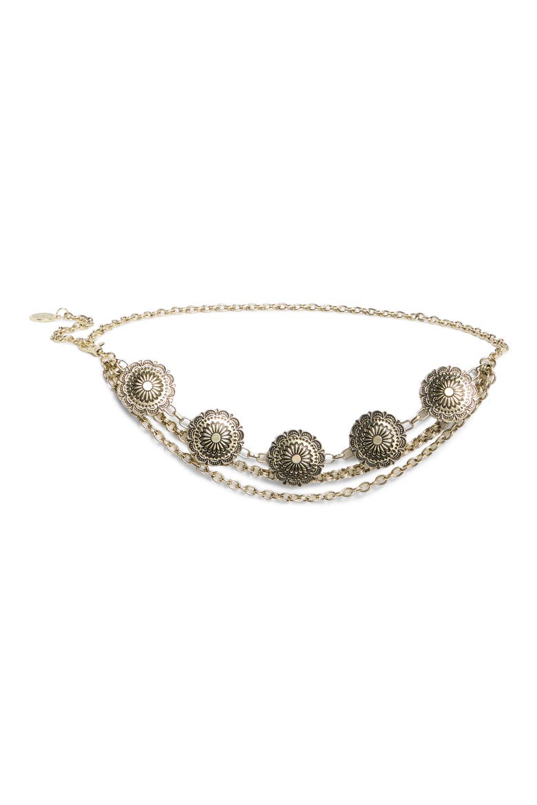 Chain Swag Concho Metal Belt, Main, color, ANTIQUE GOLD