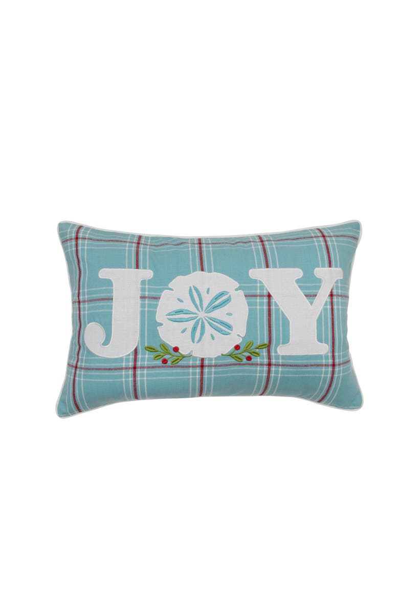 C&F Home Plaid "JOY" Holly Branch Sand Dollar Embroidered Pillow, 14" x 22", Main, color, Blue