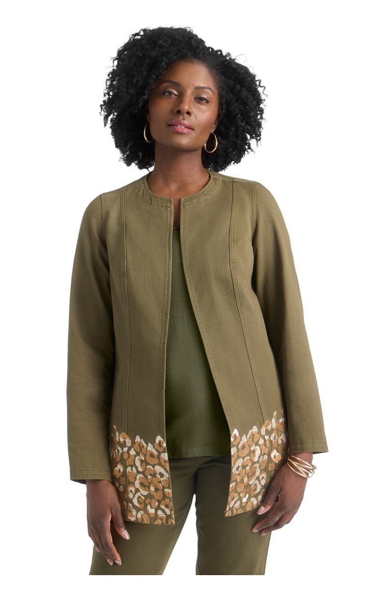 Jessica London Embroidered Denim Topper, Main, color, Green Animal Embroidery